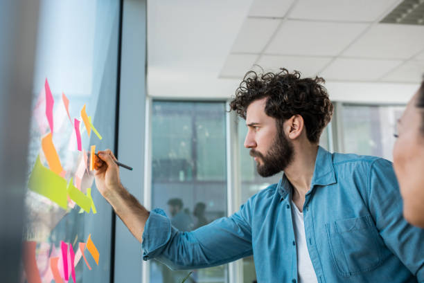 istock A young creative man brainstorming ideas for the upcoming project. He pasted sticky notes on a window and writes on them. 1206004937