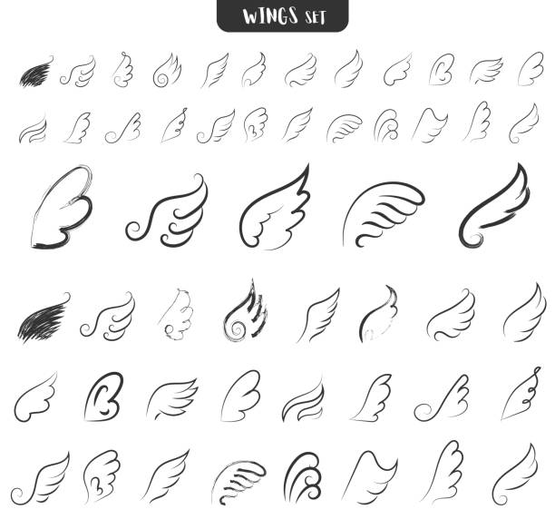 Sketch angel wings. Set of black icon wings. Sketch angel wings. Bird drawing in spread and motion. Bird silhouette. Hand drawn doodles. Vector illustration, EPS 10. cartoon of caduceus medical symbol stock illustrations