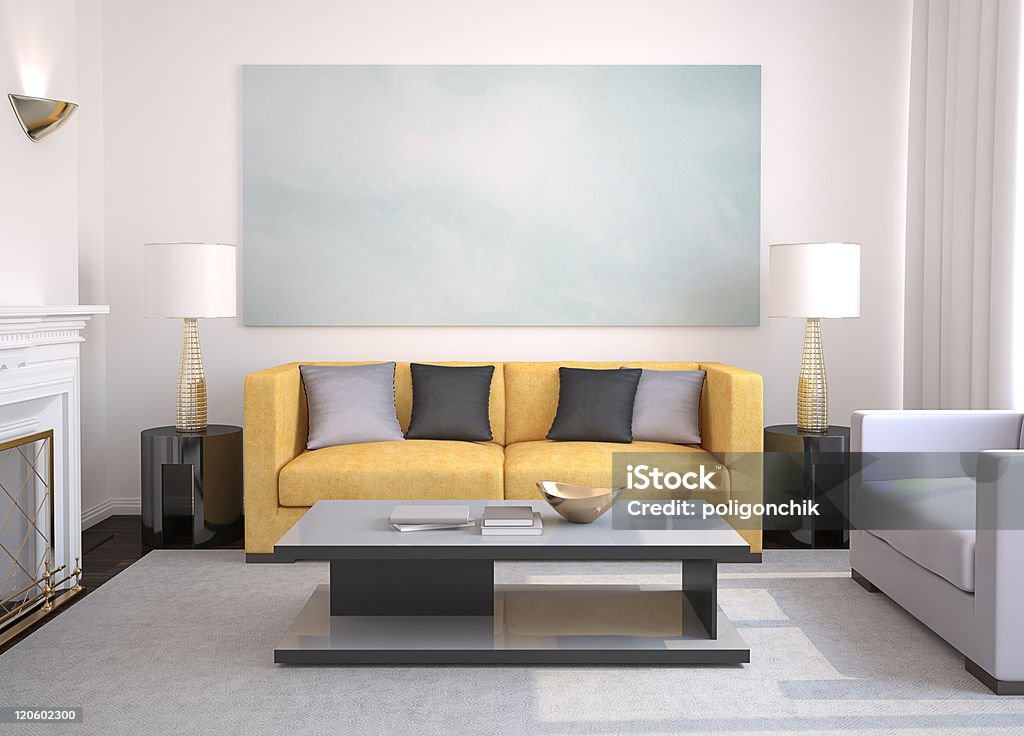 Modern living-room. Modern living-room with fireplace. 3d render. Apartment Stock Photo