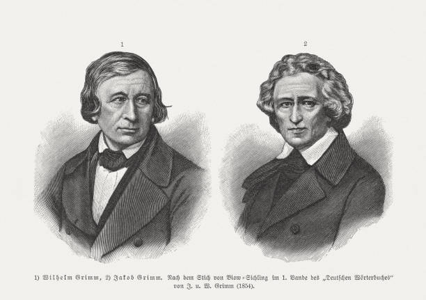 ilustrações de stock, clip art, desenhos animados e ícones de brothers wilhelm and jacob grimm, wood engravings, published 1897 - illustration and painting people men human face