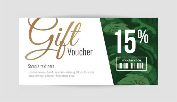 Vector illustration of Gift voucher template with tropical plant leaves.