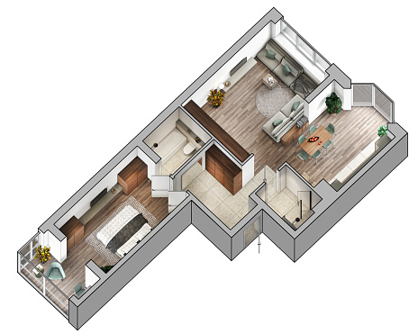 Project of an apartment with a bedroom and a large living room with bedrooms.