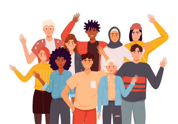 People greeting gesture flat vector illustrations set. Different nations representatives waving hand. Men, women in casual clothes say hello. People greeting gesture flat vector illustrations set. Different nations representatives waving hand. Men, women in casual clothes say hello. student stock illustrations
