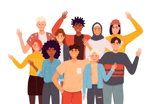 Vector illustration of People greeting gesture flat vector illustrations set. Different nations representatives waving hand. Men, women in casual clothes say hello.