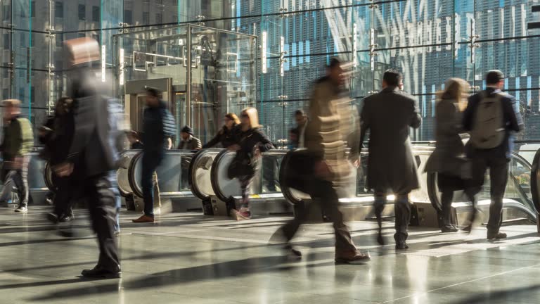 Time lapse of passenger and tourist walking and running on escalator