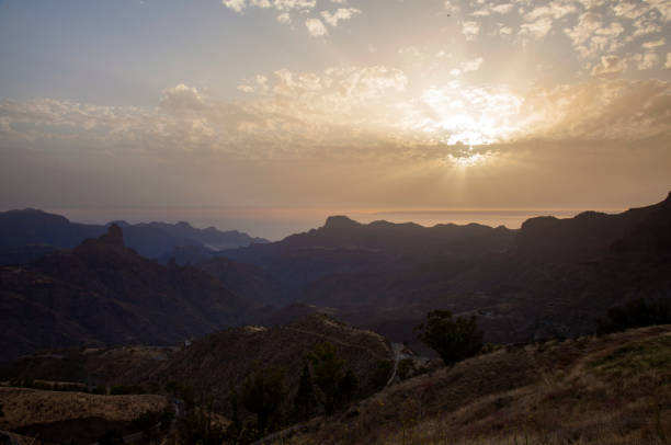 Gran Canaria, August, calima, dust haze from Sahara hanging over Caldera de Tejeda, sunset time