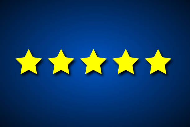 istock Set five yellow rating stars on blue background, vector illustration of rating satisfaction customer symbol 1206035526