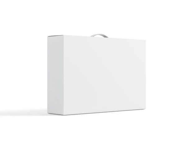 白い背景にハンドルモックアップ付きホワイトカートンボックス、ラップトップ用パッケージ - box blank brown white ストックフォトと画像