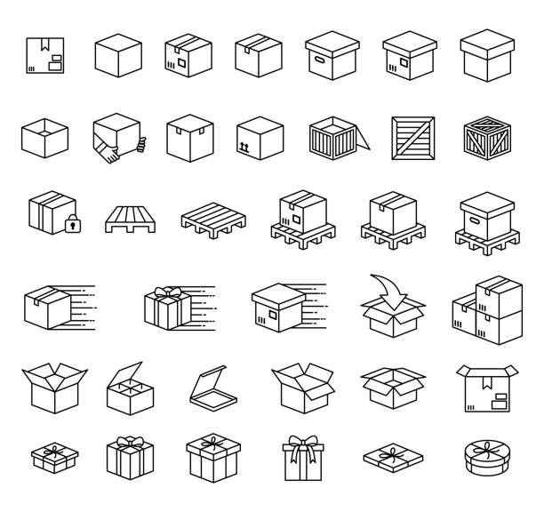 ilustraciones, imágenes clip art, dibujos animados e iconos de stock de conjunto de cajas y conjunto de iconos vectoriales de embalaje - mrs