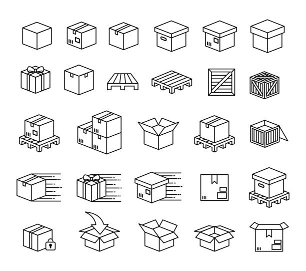 zestaw pudełek i zestaw ikon wektorowych opakowań - pomieszczenie do przechowywania stock illustrations