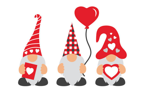 valentinstag gnome mit hut, ballon, & herzen - zwerg stock-grafiken, -clipart, -cartoons und -symbole