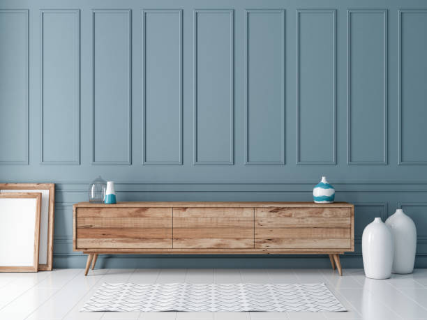 moderno commode de madera o maqueta de consola de televisión en habitación vacía con pared azul gris - característica de edificio fotografías e imágenes de stock