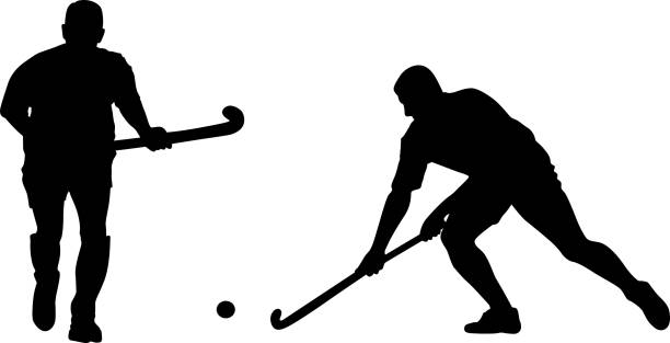 ilustraciones, imágenes clip art, dibujos animados e iconos de stock de silueta de dos jugadores de hockey de campo con un palo de hockey y pelota - hockey sobre hierba