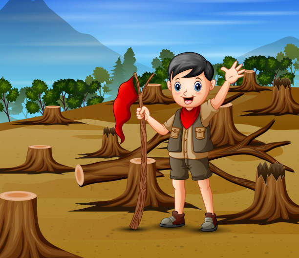 ilustrações de stock, clip art, desenhos animados e ícones de deforestation scene with a scout boy - 11321