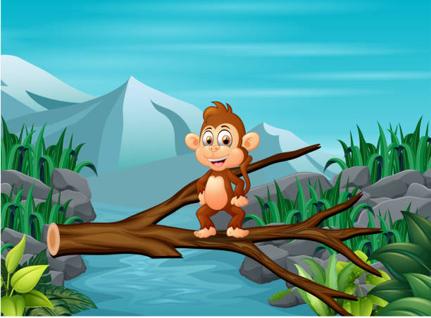 illustrations, cliparts, dessins animés et icônes de illsutration d’un singe traversant un pont d’arbre - 11327