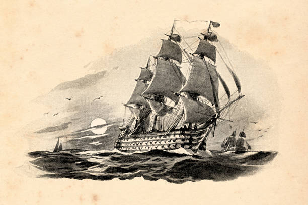 ilustraciones, imágenes clip art, dibujos animados e iconos de stock de antiguo avela inglés nelson victory 1759 - etching sailing ship passenger ship sea