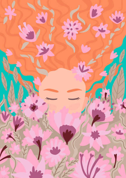 ilustrações, clipart, desenhos animados e ícones de retrato de uma mulher em flores, plantas e flores em seu cabelo. ilustração vetorial. - 2039