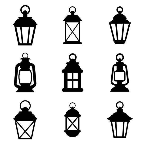 ilustraciones, imágenes clip art, dibujos animados e iconos de stock de icono de conjunto de linternas, logotipo aislado sobre fondo blanco - kerosene oil