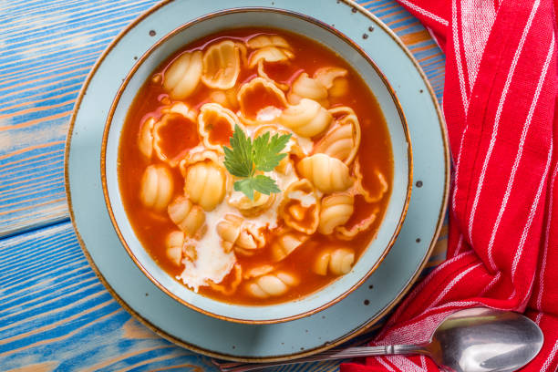 istock Fresh tomato soup with conchigliette. 1206051448