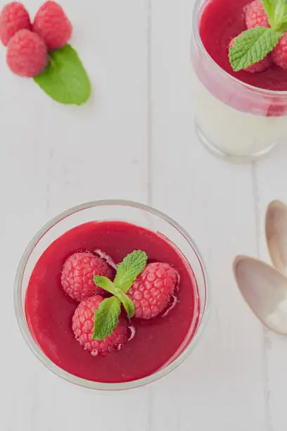 Photo of Italian dessert Panna cotta with white chocolate and raspberry sauce, fresh berries and mint