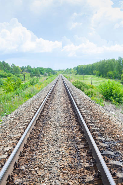 istock A railway through the summer green fields.  Beautiful green railway tree landscape sky. Beautiful landscape and railway. Railway transport. Vertical 1206053659