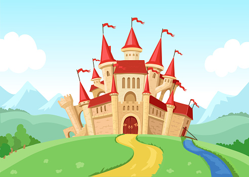 Fairytale castle illustration Fantasy landscape with fairy kingdom medieval house.