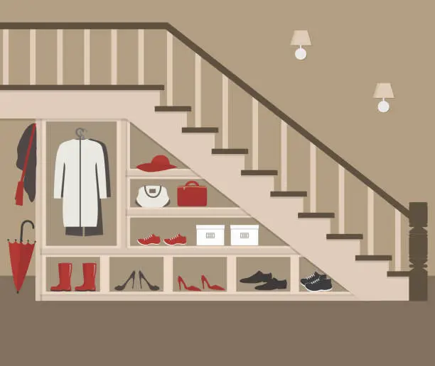 Vector illustration of Entrance hall under the stairs. Interior