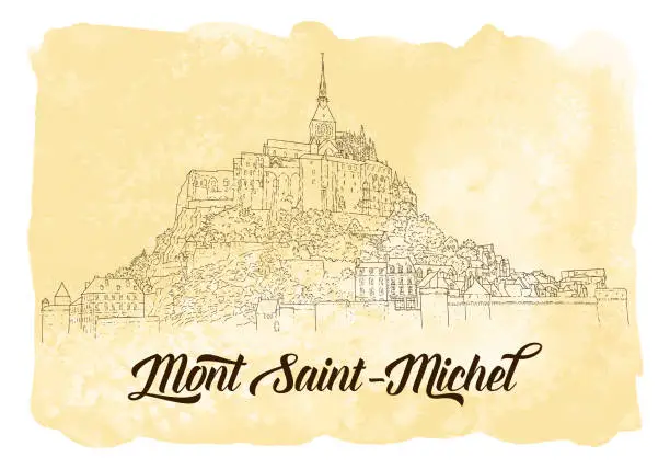 Vector illustration of City sketching. Line art silhouette. Travel card with watercolor background. Tourism concept. France, Mont Saint-Michel. Vector illustration.