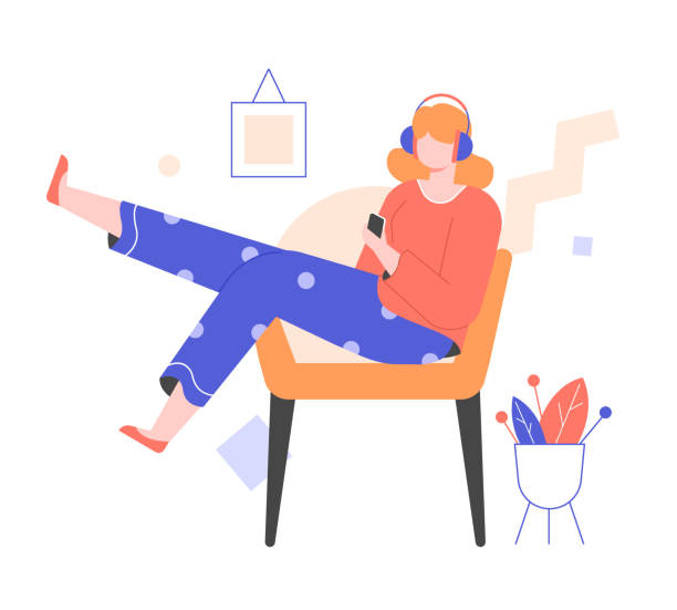 A young girl in headphones with a smartphone sits in a chair. A young girl in headphones with a smartphone sits in a chair. Dressed in pajamas. Casual home comfort. Listens to an educational course, podcast, music or audiobook. Online media. Vector illustration resting illustrations stock illustrations