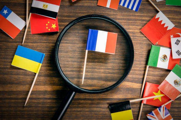 istock French flag. Flags of many countries, magnifying glass on table 1206056353