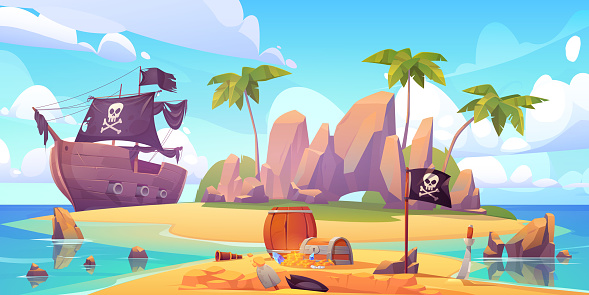 Pirate buries treasure chest on island beach. Vector cartoon illustration of sea landscape with wooden ship with skull on black sails, uninhabited tropical island and capitan hat in dug hole