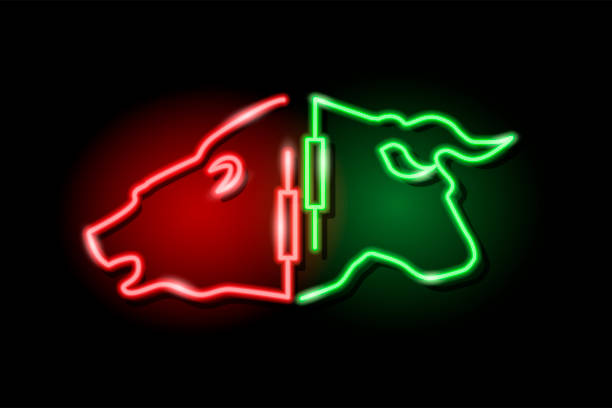 Neon silhouette of bull and bear heads with japanese candlestick symbol isolated on black background. Stock market concept. Vector 10 eps illustration. Neon silhouette of bull and bear heads with japanese candlestick symbol isolated on black background. Stock market concept. Vector 10 eps illustration. bull market illustrations stock illustrations