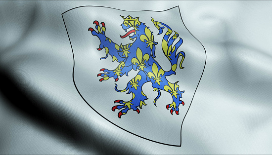 3D Waving France City Coat of Arms Flag of Compiegne Closeup View