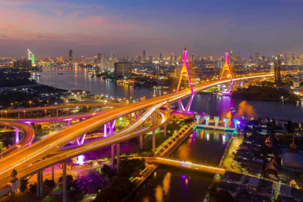 vista aérea da ponte bhumibol em bangkok - bridge bangkok suspension bridge river - fotografias e filmes do acervo