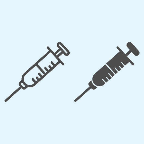 illustrations, cliparts, dessins animés et icônes de ligne de seringue et icône solide. article d’inventaire médical, injecteur de drogue. concept de conception vectorielle de soins de santé, pictogramme de modèle de contour sur le fond blanc, utilisation pour le web et l’application eps 10. - medicine dose medical medicine and science