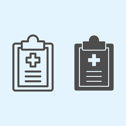 Medical notes line and solid icon. Pocket clipboard with cross sign. Health care vector design concept, outline style pictogram on white background, use for web and app. Eps 10