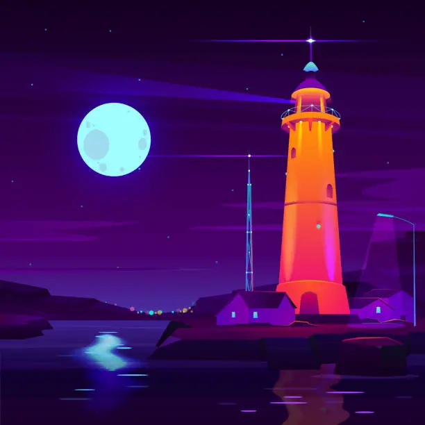 Vector illustration of Working lighthouse on seashore cartoon vector