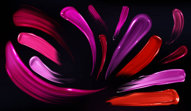 Smears of liquid lipstick, nailpolish or paint set Smears of lipstick, nail polish or paint set isolated on black background. Beauty cosmetics colorful collection of brush stroke elements, abstract splash trace shapes. Realistic 3d vector illustration coloir splash make up stock illustrations