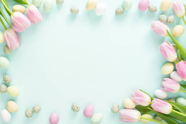 easter candy eggs and tulips. - april imagens e fotografias de stock