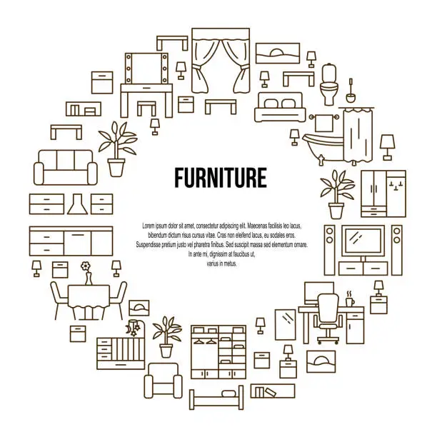 Vector illustration of Furniture vector circle template with braun flat line icons. Concept for web banners and printed materials. Interior design