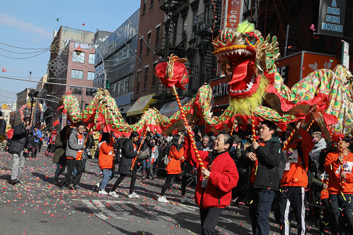 New York City, NY, USA- February, 9, 2020: Handlers fly the Chinese dragon down Mott Street in New York City's Chinatown, during the annual Chinese New Year Parade.