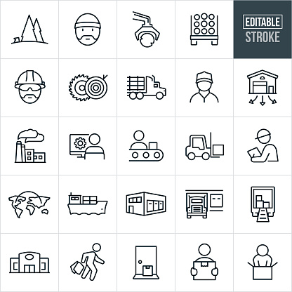 A set of product supply chain icons that include editable strokes or outlines using the EPS vector file. The icons include the supply chain from raw materials to production to shipment to receiving. They include logging, raw materials, lumber truck, sawmill, manual worker, distribution warehouse, factory, assembly line, product design, forklift, engineer, global shipping, barge, trucking, delivery, store, shopper, package delivery to door and a customer receiving product.
