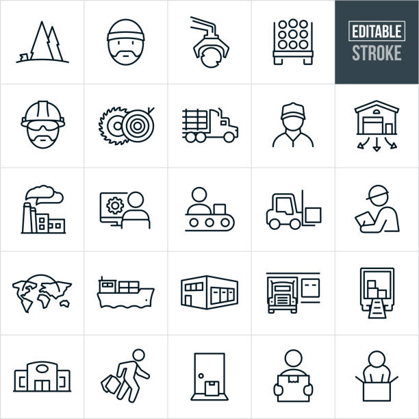 Product Supply Chain Thin Line Icons - Editable Stroke A set of product supply chain icons that include editable strokes or outlines using the EPS vector file. The icons include the supply chain from raw materials to production to shipment to receiving. They include logging, raw materials, lumber truck, sawmill, manual worker, distribution warehouse, factory, assembly line, product design, forklift, engineer, global shipping, barge, trucking, delivery, store, shopper, package delivery to door and a customer receiving product. warehouse stock illustrations