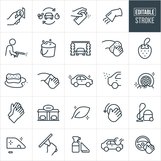 Car Wash Thin Line Icons - Editable Stroke A set of car wash icons that include editable strokes or outlines using the EPS vector file. The icons include a car wash, person putting money in slot, car cleaning supplies, vacuum, person using spray washer, bucket full of soap suds, automatic car wash, hand using sponge to clean, air freshener, sponge with soap water, hand using towel to wipe clean, sparkling clean car, sparkling clean car wheels, rubber gloves, car wash bays, environmentally safe cleaners, car waxing, sparkling clean car windows, hand using squeegee and spray bottle to name a few. wax stock illustrations