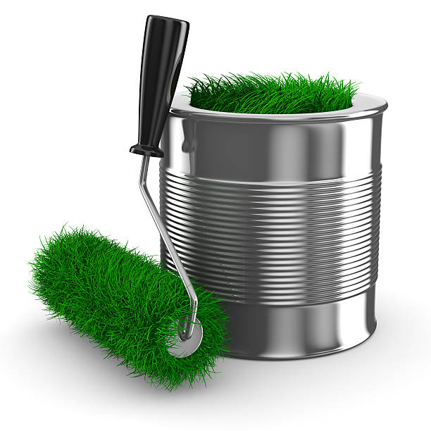 istock Isolated 3D image of paint can and green roller brush 120606377