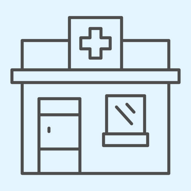 illustrazioni stock, clip art, cartoni animati e icone di tendenza di icona della linea sottile del negozio di farmacia. farmacia privata con croce sul cartello. concetto di progettazione vettoriale per l'assistenza sanitaria, pittogramma in stile contorno su sfondo bianco, uso per web e app. eps 10. - farmacia