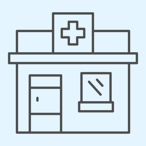 약국 상점 얇은 라인 아이콘입니다. 간판에 십자가가있는 개인 약국. 건강 관리 벡터 디자인 개념, 흰색 배경에 윤곽 스타일 그림, 웹 및 응용 프로그램에 사용. eps 10. - clinic stock illustrations