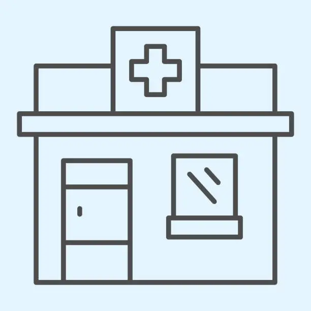 Vector illustration of Pharmacy shop thin line icon. Private drugstore with cross on signboard. Health care vector design concept, outline style pictogram on white background, use for web and app. Eps 10.