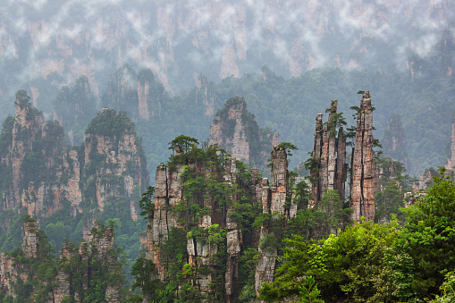 Aerial view of mystery valley landscape at morning, Mountain Huangshan, ChinaChina.