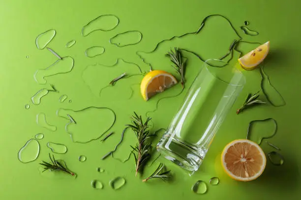 Cocktail gin-tonic with rosemary and lemon on a green background. Top view.